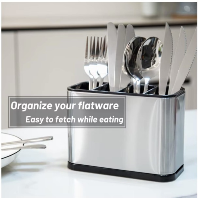 حامل ومنظّم أدوات المطبخ من الستانلس ستيل – 4 أقسام للمعالق والشوك والسكاكين والسباتولا (مقاس كبير)