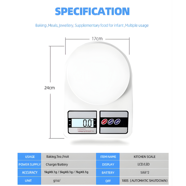 ميزان مطبخ رقمي  سعة 10 كجم بدقة 1 جم – بطاريتان مرفقتان (اللون قد يختلف)
