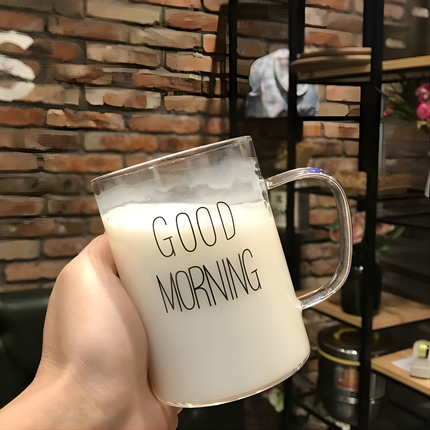 كوب زجاج شفاف بمقبض مطبوع GOOD MORNING