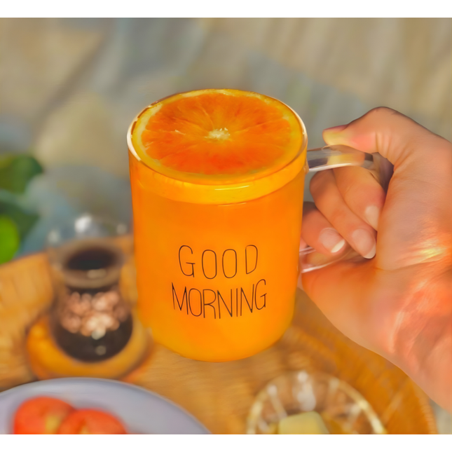 كوب زجاج شفاف بمقبض مطبوع GOOD MORNING