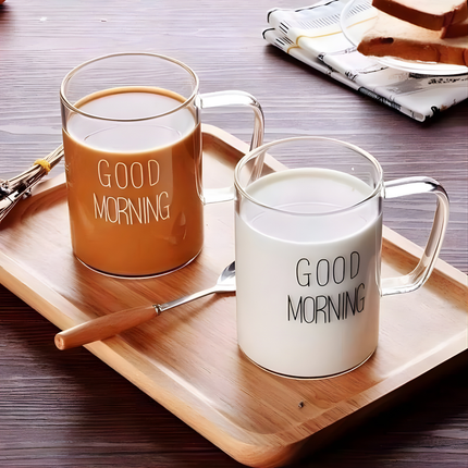 كوب زجاج شفاف بمقبض مطبوع GOOD MORNING