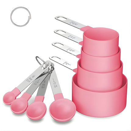 طقم أكواب وملاعق قياس 8 قطع – مقبض ستانلس ستيل ورؤوس بلاستيك قابلة للتكديس (وردي)