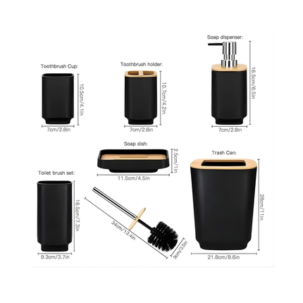 طقم إكسسوارات حمّام 6 قطع بتصميم مستطيل عصري – بلاستيك متين بلمسة بامبو – أسود أو رمادي