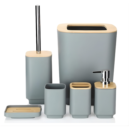 طقم إكسسوارات حمّام 6 قطع بتصميم مستطيل عصري – بلاستيك متين بلمسة بامبو – أسود أو رمادي