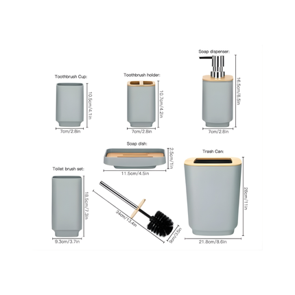 طقم إكسسوارات حمّام 6 قطع بتصميم مستطيل عصري – بلاستيك متين بلمسة بامبو – أسود أو رمادي