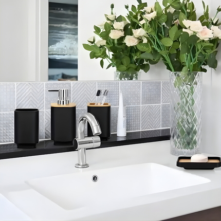 طقم إكسسوارات حمّام 6 قطع بتصميم مستطيل عصري – بلاستيك متين بلمسة بامبو – أسود أو رمادي