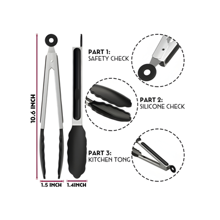 مساكة مطبخ من الستانلس ستيل بطرف سيليكون مانع للالتصاق مع قفل حلقي للتخزين – طول 27 سم (10.6 إنش)