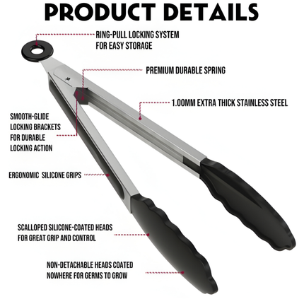 مساكة مطبخ من الستانلس ستيل بطرف سيليكون مانع للالتصاق مع قفل حلقي للتخزين – طول 27 سم (10.6 إنش)