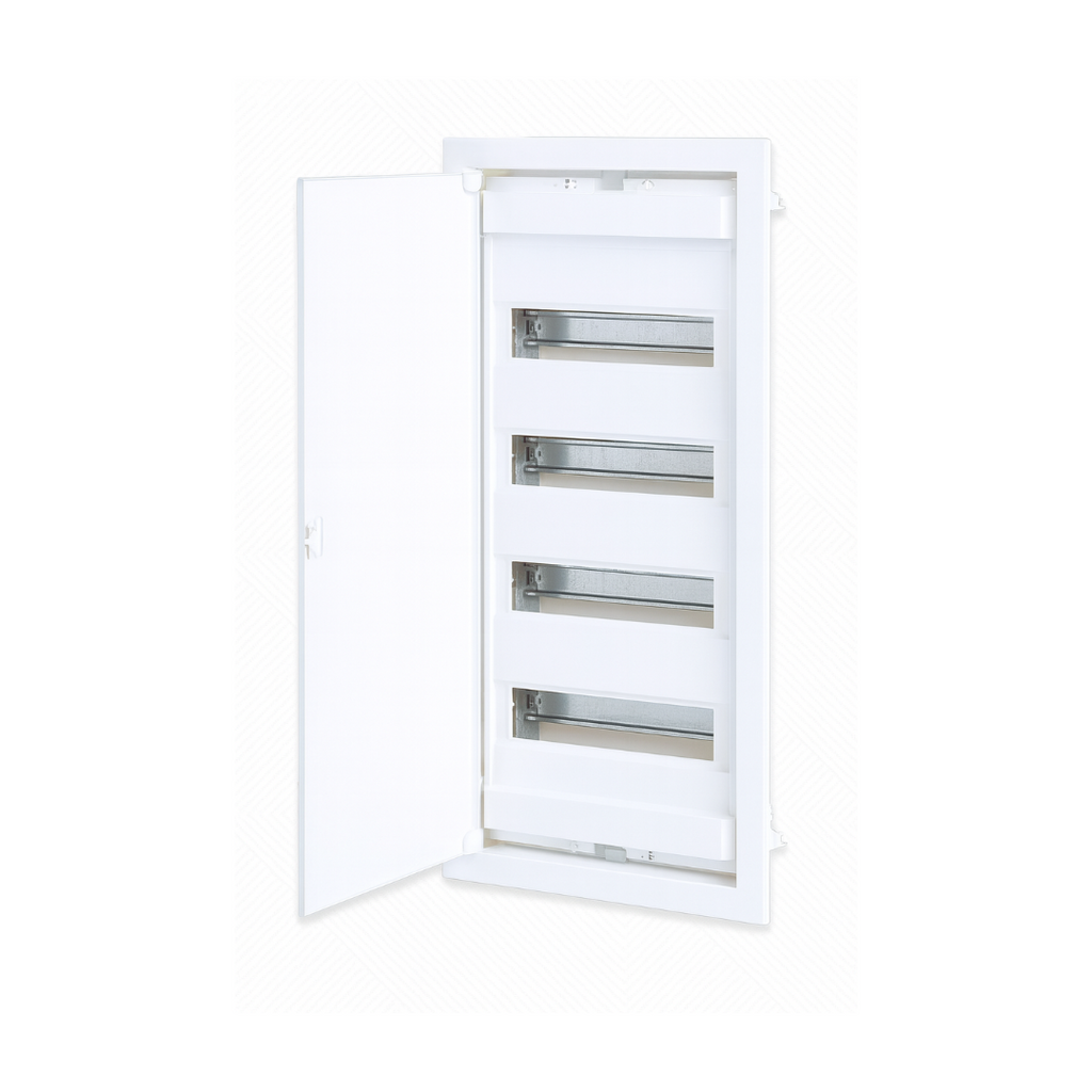 لوحة توزيع ٤٨ خط | درجة حماية آي بي ٤٠، ٦٣ أمبير، ٤٨+٨ موديول، غطاء أبيض صاج  ‎48-line panel board | IP40 rating, 63 A, 48+8 modules, white sheet-metal cover‎