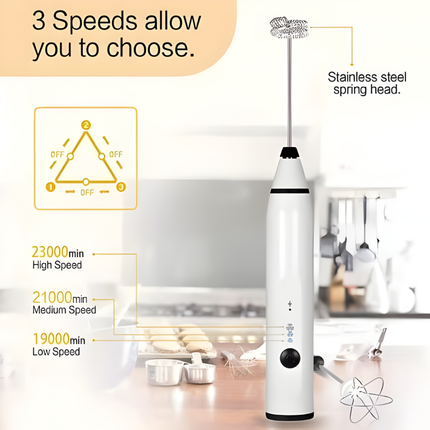 أداة خفق اللبن قابلة لاعادة الشحن وتعمل بـ3 سرعات - لصنع القهوة واللاتيه والكابتشينو مع مضرب اضافي للبيض