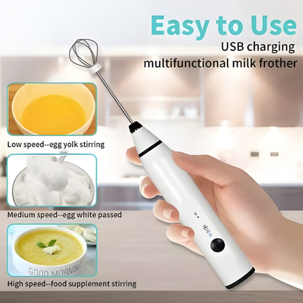 أداة خفق اللبن قابلة لاعادة الشحن وتعمل بـ3 سرعات - لصنع القهوة واللاتيه والكابتشينو مع مضرب اضافي للبيض