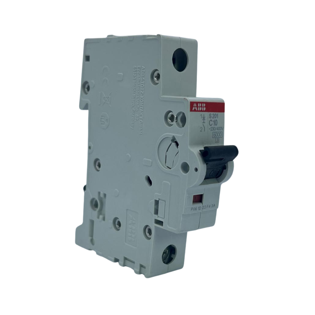 قاطع تيار مصغّر (إم-سي-بي) أحادي بتيار ١٠ أمبير، قدرة قطع ٦ كيلو أمبير (النوع سي) من إيه-بي-بي | قطب واحد، تركيب على سكة دين  ‎Single-pole MCB 10 A, 6 kA Type C by ABB | 1P, DIN-rail mounting‎