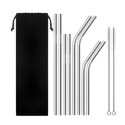 مصاصات شراب معدنية قابلة لإعادة الاستخدام من الفولاذ المقاوم للصدأ 304 قوية ومستقيمة أو منحنيّة، مع فرشاة تنظيف، من 4 قطع.