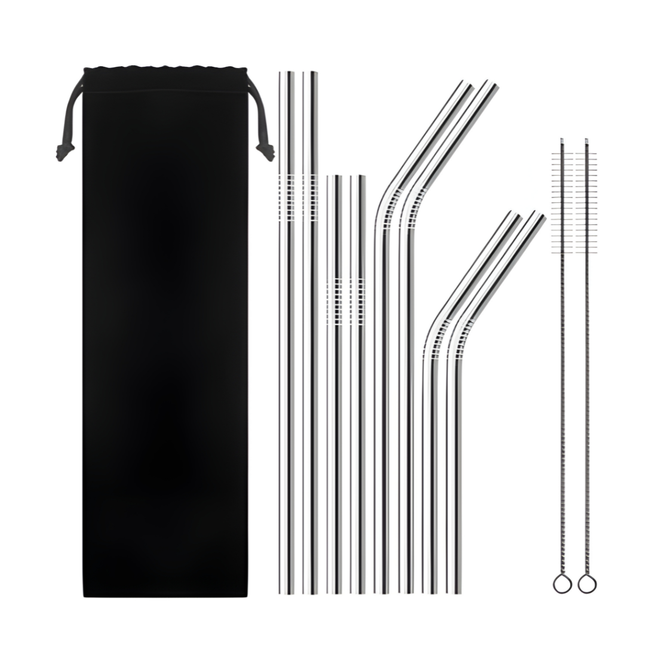 مصاصات شراب معدنية قابلة لإعادة الاستخدام من الفولاذ المقاوم للصدأ 304 قوية ومستقيمة أو منحنيّة، مع فرشاة تنظيف، من 4 قطع.