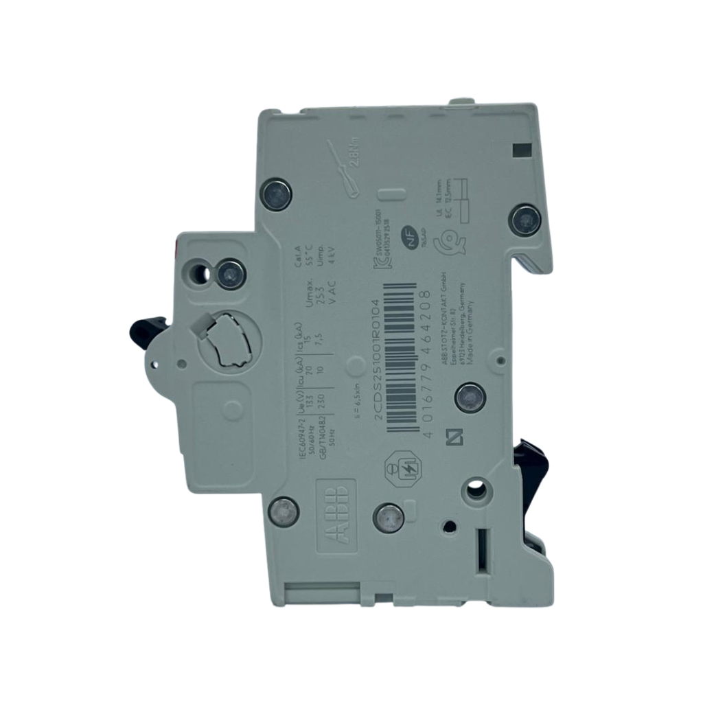 قاطع تيار مصغّر (إم-سي-بي) أحادي بتيار ١٠ أمبير، قدرة قطع ٦ كيلو أمبير (النوع سي) من إيه-بي-بي | قطب واحد، تركيب على سكة دين  ‎Single-pole MCB 10 A, 6 kA Type C by ABB | 1P, DIN-rail mounting‎