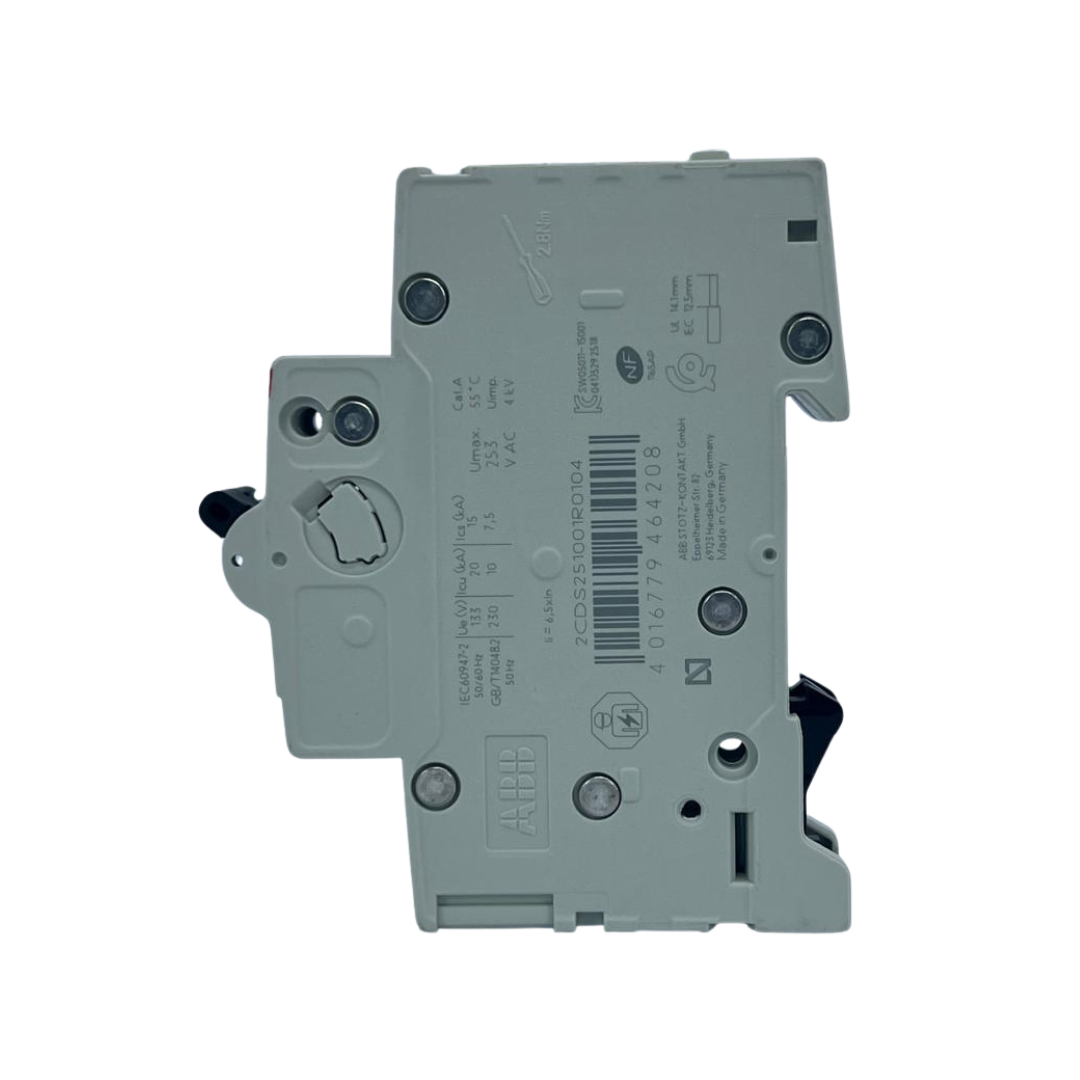 قاطع تيار مصغّر (إم-سي-بي) أحادي بتيار ١٠ أمبير، قدرة قطع ٦ كيلو أمبير (النوع سي) من إيه-بي-بي | قطب واحد، تركيب على سكة دين  ‎Single-pole MCB 10 A, 6 kA Type C by ABB | 1P, DIN-rail mounting‎