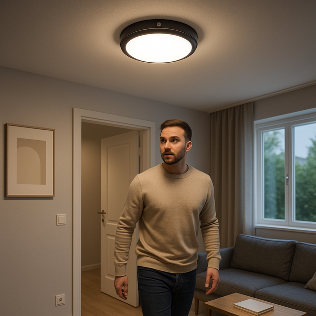 جلوب دائري بحساس حركة ٢٥ وات، أبيض أو اسود، مقاوم للماء  ‎25W round motion-sensor globe, white or Black, waterproof‎