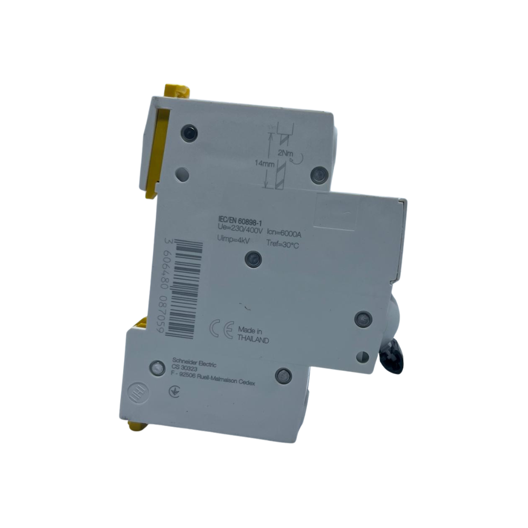 قاطع تيار مصغّر (إم-سي-بي) أحادي بتيار ١٠ أمبير، قدرة قطع ٦ كيلو أمبير، قطب واحد، من شنايدر إلكتريك  ‎10A 1P Miniature Circuit Breaker (MCB), 6 kA, Schneider Electric‎