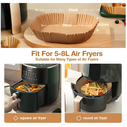 ورق فرن للقلاية الهوائية من ديبونيور – 100 ورقة مربعة، مقاس 20 سم، غير لاصق ومقاوم للزيوت – مناسب لسعة 5–8 لتر