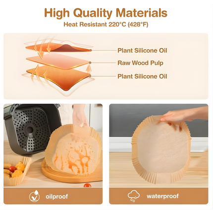 ورق فرن للقلاية الهوائية من ديبونيور – 100 ورقة مربعة، مقاس 20 سم، غير لاصق ومقاوم للزيوت – مناسب لسعة 5–8 لتر