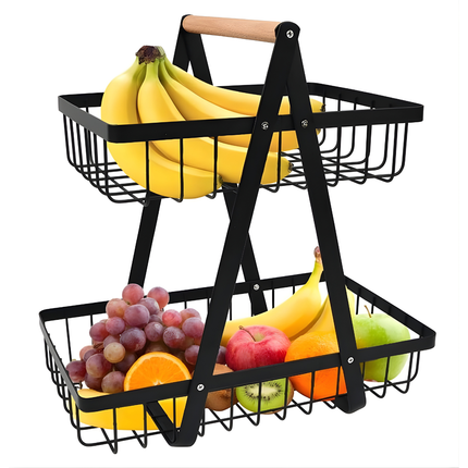 حامل وسلة بطبقتين للفواكه والخضروات والخبز – ستانلس ستيل، أسود (قابل للفصل + مفك مسامير)