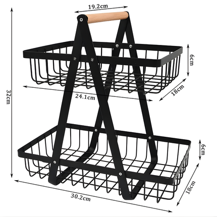 حامل وسلة بطبقتين للفواكه والخضروات والخبز – ستانلس ستيل، أسود (قابل للفصل + مفك مسامير)