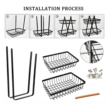 حامل وسلة بطبقتين للفواكه والخضروات والخبز – ستانلس ستيل، أسود (قابل للفصل + مفك مسامير)