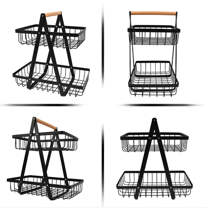 حامل وسلة بطبقتين للفواكه والخضروات والخبز – ستانلس ستيل، أسود (قابل للفصل + مفك مسامير)