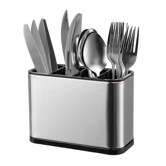 حامل ومنظّم أدوات المطبخ من الستانلس ستيل – 4 أقسام للمعالق والشوك والسكاكين والسباتولا (مقاس كبير)