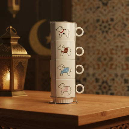 طقم 4 فناجين إسبريسو بورسلين مع حامل معدني رأسي