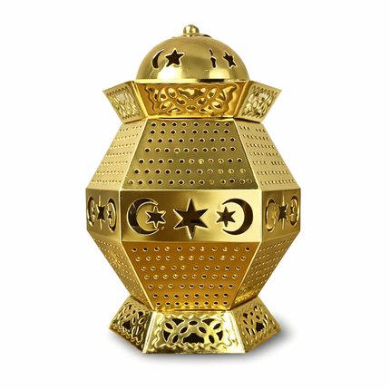 فانوس رمضان معدني ذهبي مضيئ — حجم وسط (ارتفاع 23 سم)