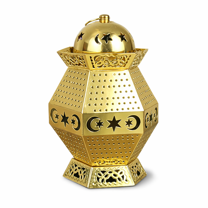 فانوس رمضان معدني ذهبي مضيئ — حجم وسط (ارتفاع 23 سم)
