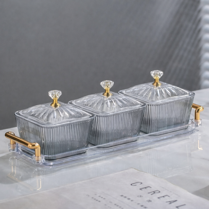 علبة تسالي 3 قطع مع صينية بمقابض ذهبية – أغطية بمقبض كريستال