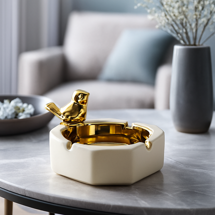 طفاية سجائر سيراميك فاخرة بتصميم الطائر الذهبي – لمسة ديكور راقية تجمع بين العملية والأناقة