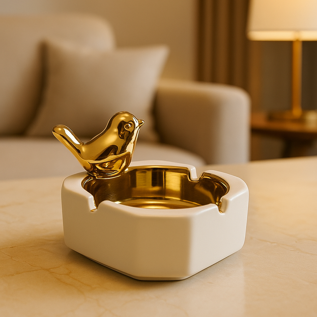 طفاية سجائر سيراميك فاخرة بتصميم الطائر الذهبي – لمسة ديكور راقية تجمع بين العملية والأناقة