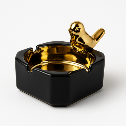 طفاية سجائر سيراميك فاخرة بتصميم الطائر الذهبي – لمسة ديكور راقية تجمع بين العملية والأناقة