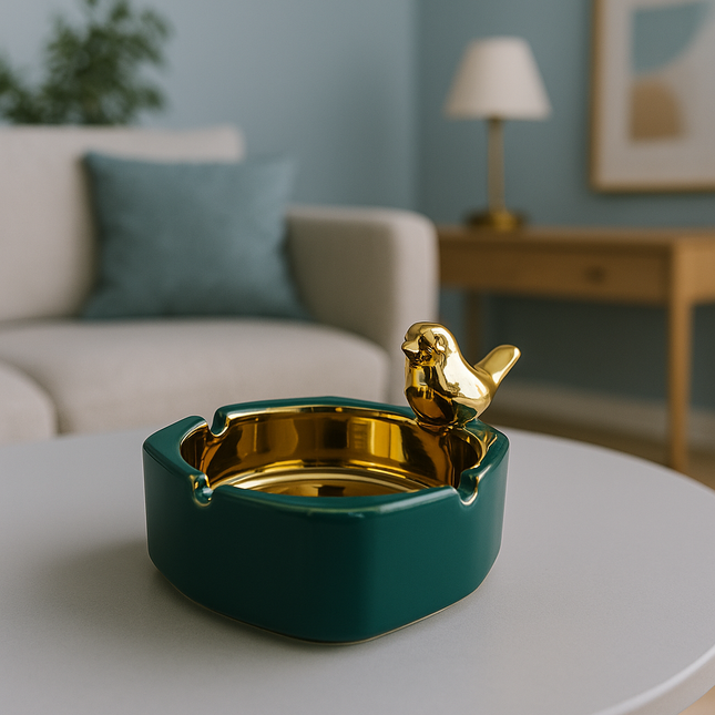 طفاية سجائر سيراميك فاخرة باللون الأخضر مع الطائر الذهبي – فخامة تجمع بين الذوق والعملية