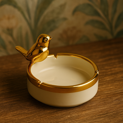 طفاية سجائر سيراميك فاخرة بتصميم الطائر الذهبي – أناقة راقية تناسب كل ديكور