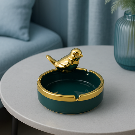 طفاية سجائر سيراميك فاخرة بتصميم الطائر الذهبي – لمسة ديكور تعكس الذوق الرفيع