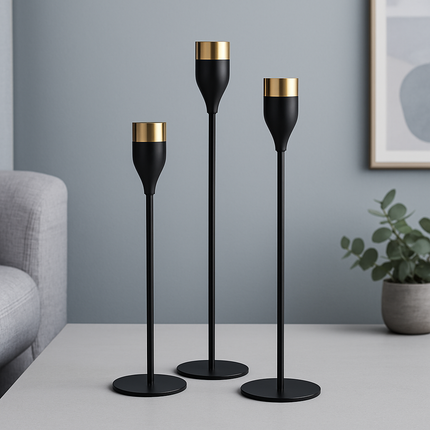 مجموعة شمعدانات معدنية بتصميم فاخر بالأسود والذهبي – لمسة ديكور عصرية تمنح المكان أناقة استثنائية