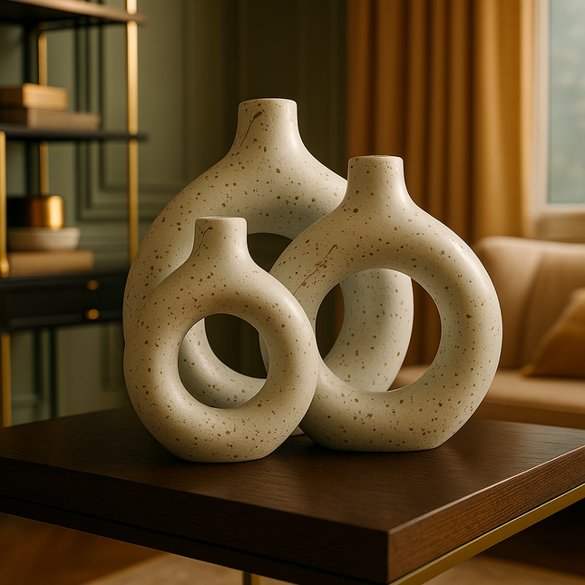 طقم فازات سيراميك ديكورية بتصميم حلقي عصري – لمسة فنية راقية تكمل جمال أي مساحة