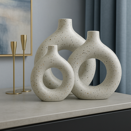 طقم فازات سيراميك ديكورية بتصميم حلقي عصري – لمسة فنية راقية تكمل جمال أي مساحة