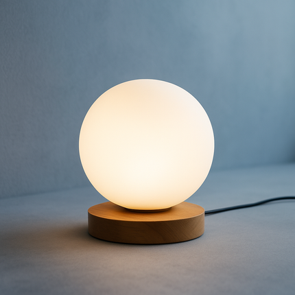 مصباح ديكور كروي بتصميم عصري – قاعدة خشبية فاخرة وكرة زجاجية مضيئة