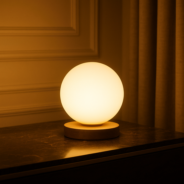 مصباح ديكور كروي بتصميم عصري – قاعدة خشبية فاخرة وكرة زجاجية مضيئة