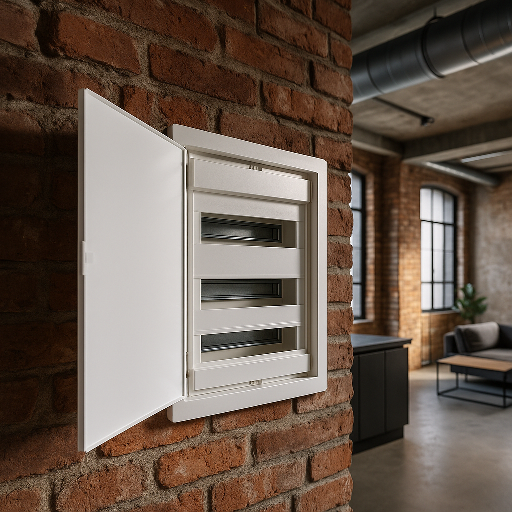 لوحة توزيع ٣٦ خط | درجة حماية آي بي ٤٠، ٦٣ أمبير، ٣٦+٦ موديول، غطاء معدني أبيض  ‎36-line panel board | IP40 rating, 63 A, 36+6 modules, white metal cover‎