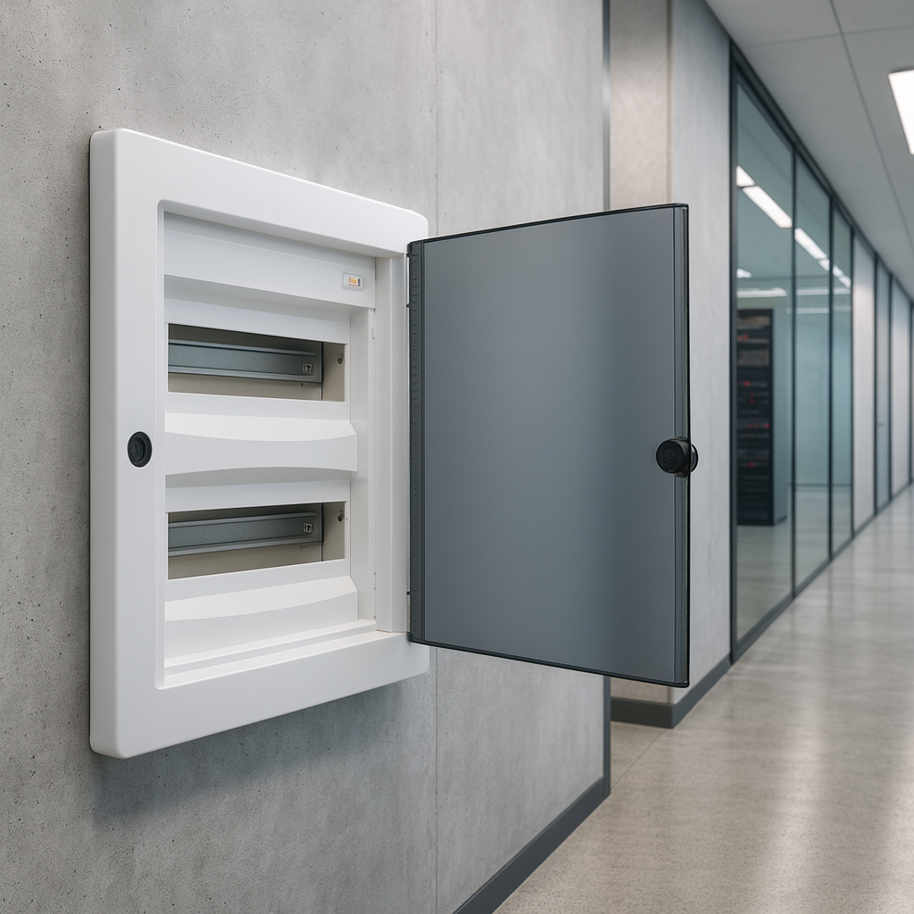 لوحة توزيع ٢٤ خط | درجة حماية آي بي ٤٠، تيار ٦٣ أمبير، هيكل أ بي اس، غطاء شفاف  ‎24-line panel board | IP40 protection rating, 63 A current, ABS enclosure, transparent cover‎