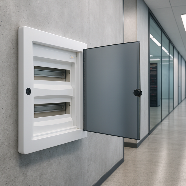 لوحة توزيع ٢٤ خط | درجة حماية آي بي ٤٠، تيار ٦٣ أمبير، هيكل أ بي اس، غطاء شفاف  ‎24-line panel board | IP40 protection rating, 63 A current, ABS enclosure, transparent cover‎