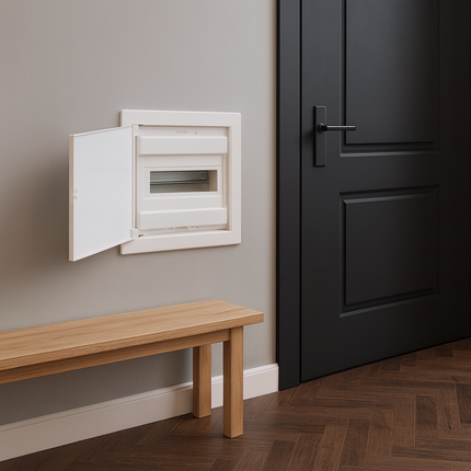 لوحة توزيع ١٢ خط | آي بي ٤٠، ٦٣ أمبير، ١٢+٢ موديول، باب معدني أبيض  ‎12-line panel board | IP40, 63 A, 12+2 modules, white metal door‎