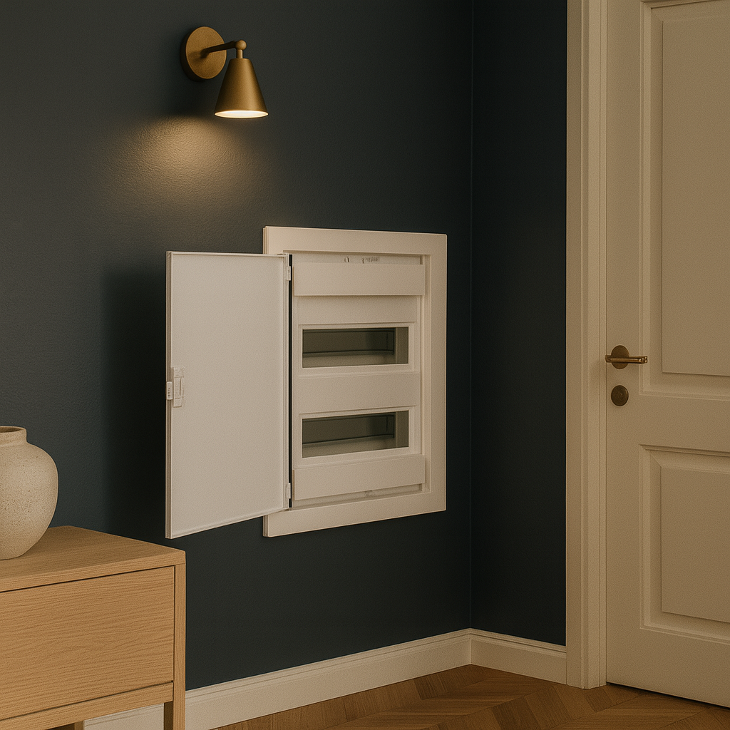 لوحة توزيع ٢٤ خط | آي بي ٤٠، ٦٣ أمبير، ٢٤+٤ موديول، باب معدني أبيض  ‎24-line panel board | IP40, 63 A, 24+4 modules, white metal door‎