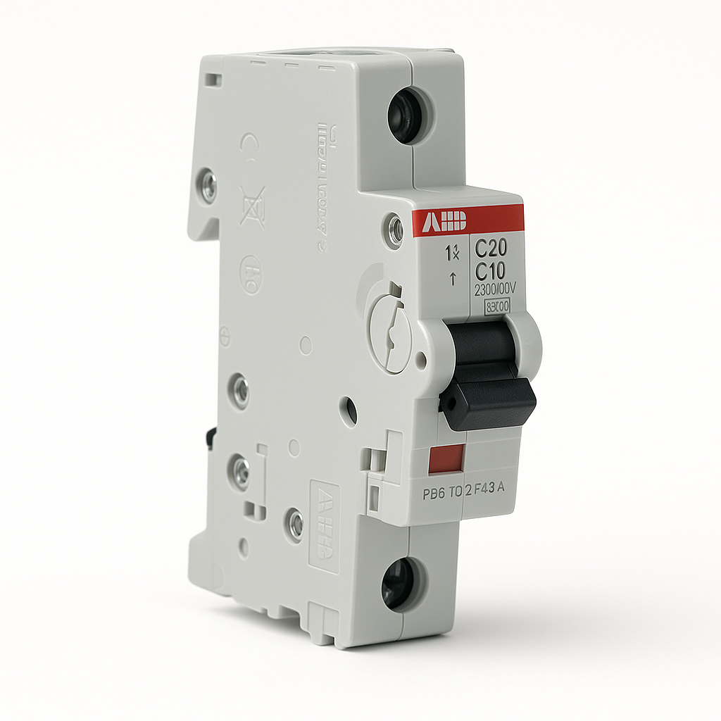قاطع تيار مصغّر (إم-سي-بي) أحادي بتيار ١٠ أمبير، قدرة قطع ٦ كيلو أمبير (النوع سي) من إيه-بي-بي | قطب واحد، تركيب على سكة دين  ‎Single-pole MCB 10 A, 6 kA Type C by ABB | 1P, DIN-rail mounting‎